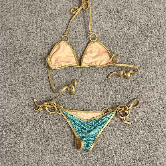 🩷 Doll Swimwear Turquoise Aqua Sequin Bikini with Gold Trim Micro Bottom - Picture 2 of 4